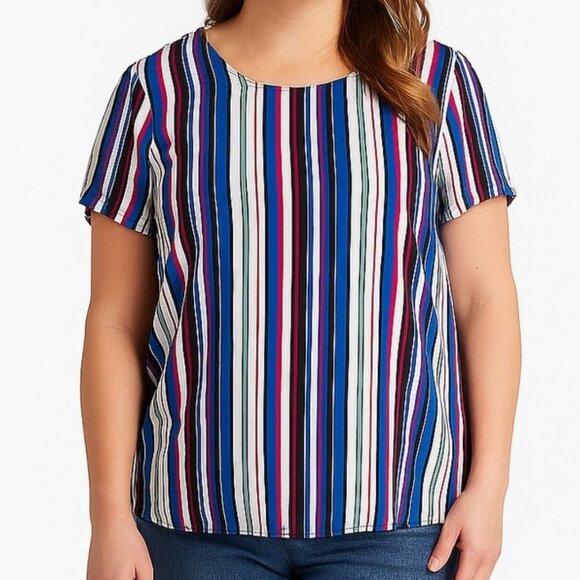 NEW NWOT W5 ANTHROPOLOGIE ANTHRO Blue Cream Red Striped Short Sleeve Work Blouse - Picture 1 of 7